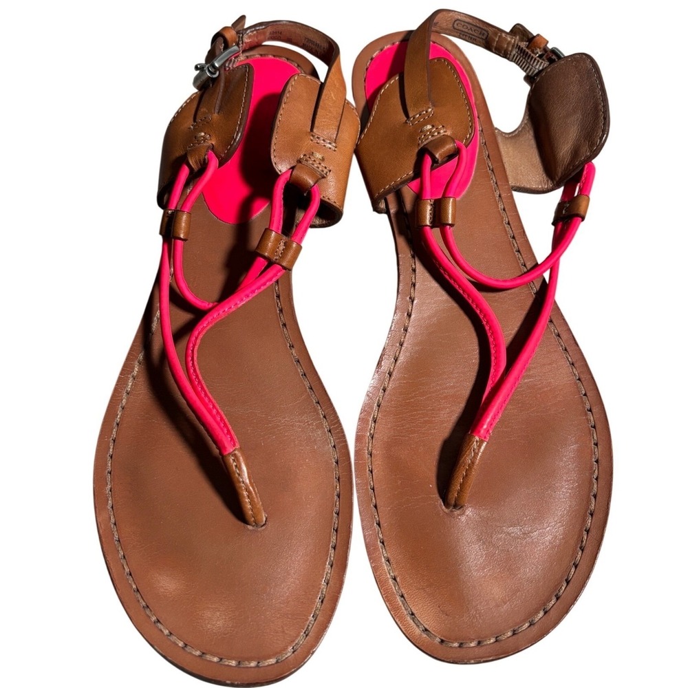 Coach Coco Womens 9B Brown Leather Neon Pink Slingback Thong Flat Sandals Beach